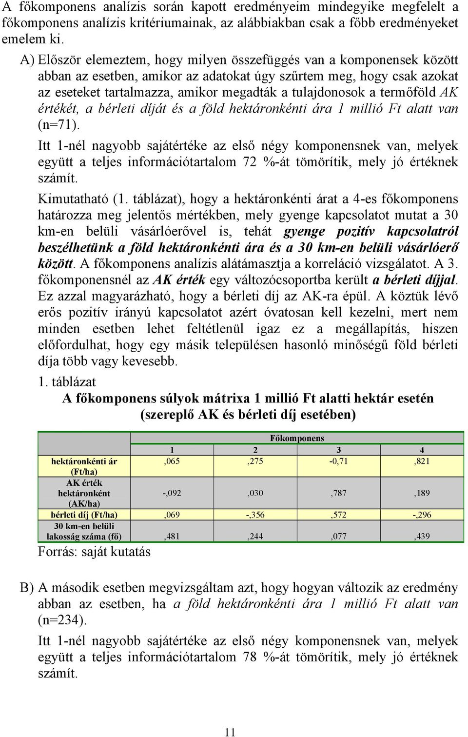 termőföld AK értékét, a bérleti díját és a föld hektáronkénti ára 1 millió Ft alatt van (n=71).