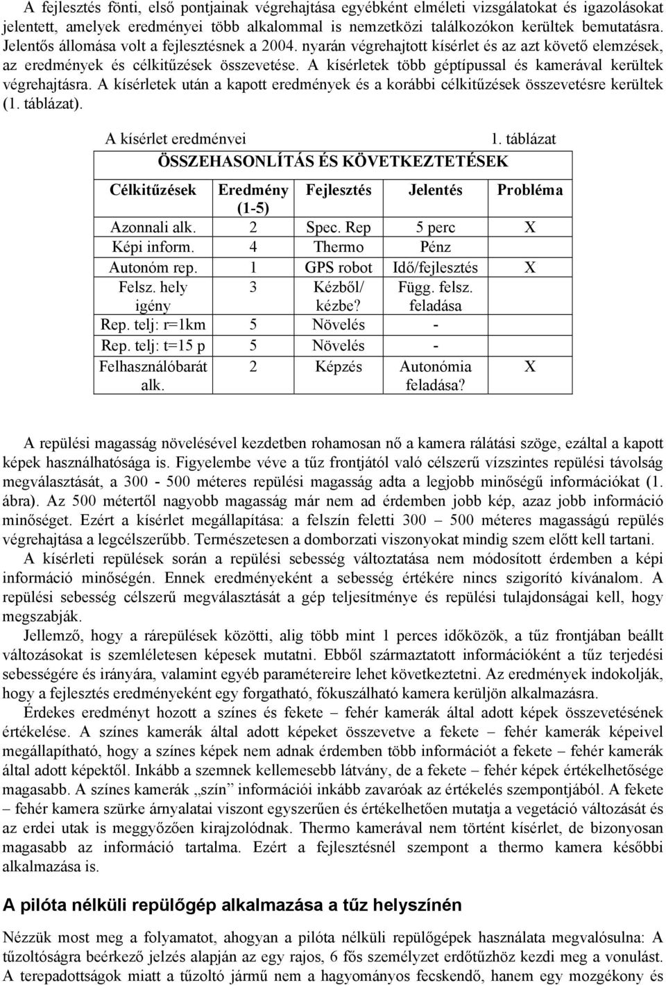 A kísérletek több géptípussal és kamerával kerültek végrehajtásra. A kísérletek után a kapott eredmények és a korábbi célkitűzések összevetésre kerültek (1. táblázat). A kísérlet eredményei 1.