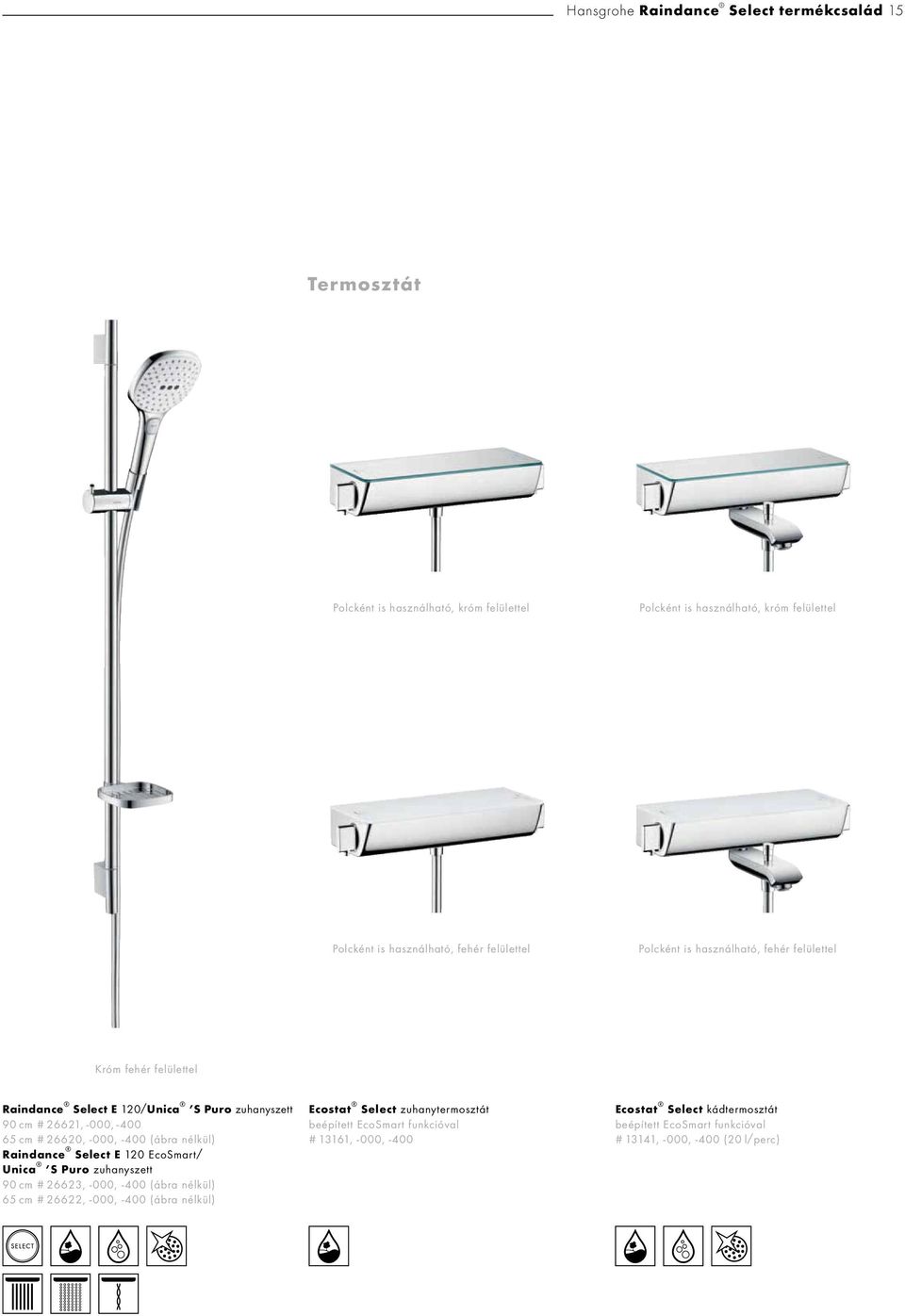 -000, -400 (ábra nélkül) Raindance Select E 120 EcoSmart/ Unica S Puro zuhanyszett 90 cm # 26623, -000, -400 (ábra nélkül) 65 cm # 26622, -000, -400 (ábra nélkül)