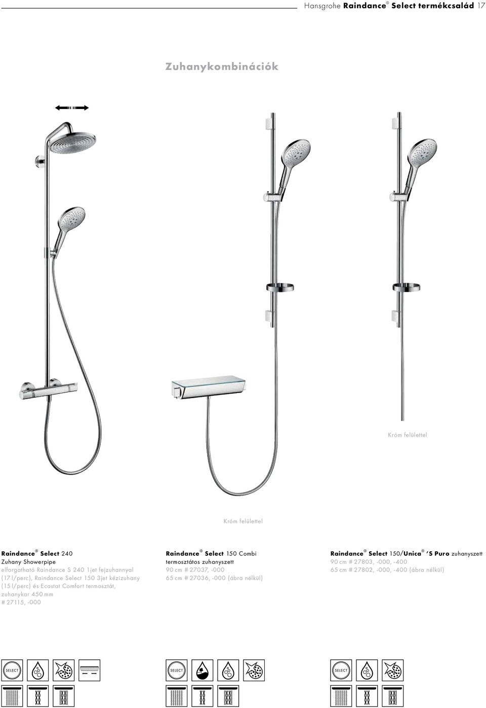 termosztát, zuhanykar 450 mm # 27115, -000 Raindance Select 150 Combi termosztátos zuhanyszett 90 cm # 27037, -000 65 cm # 27036,