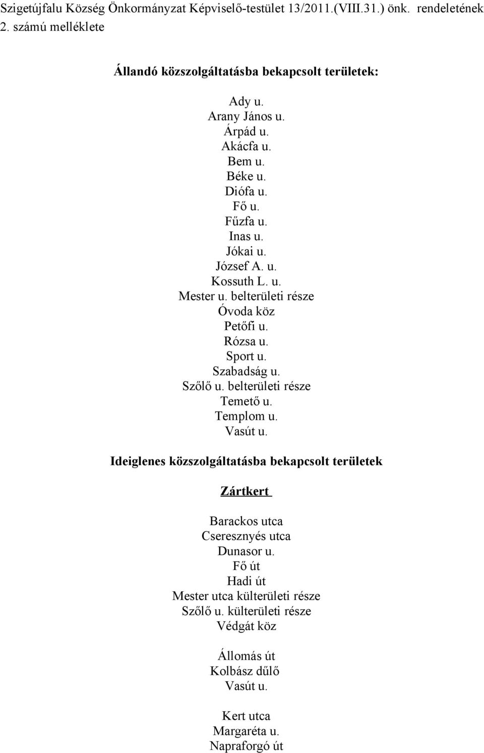 Rózsa u. Sport u. Szabadság u. Szőlő u. belterületi része Temető u. Templom u. Vasút u.