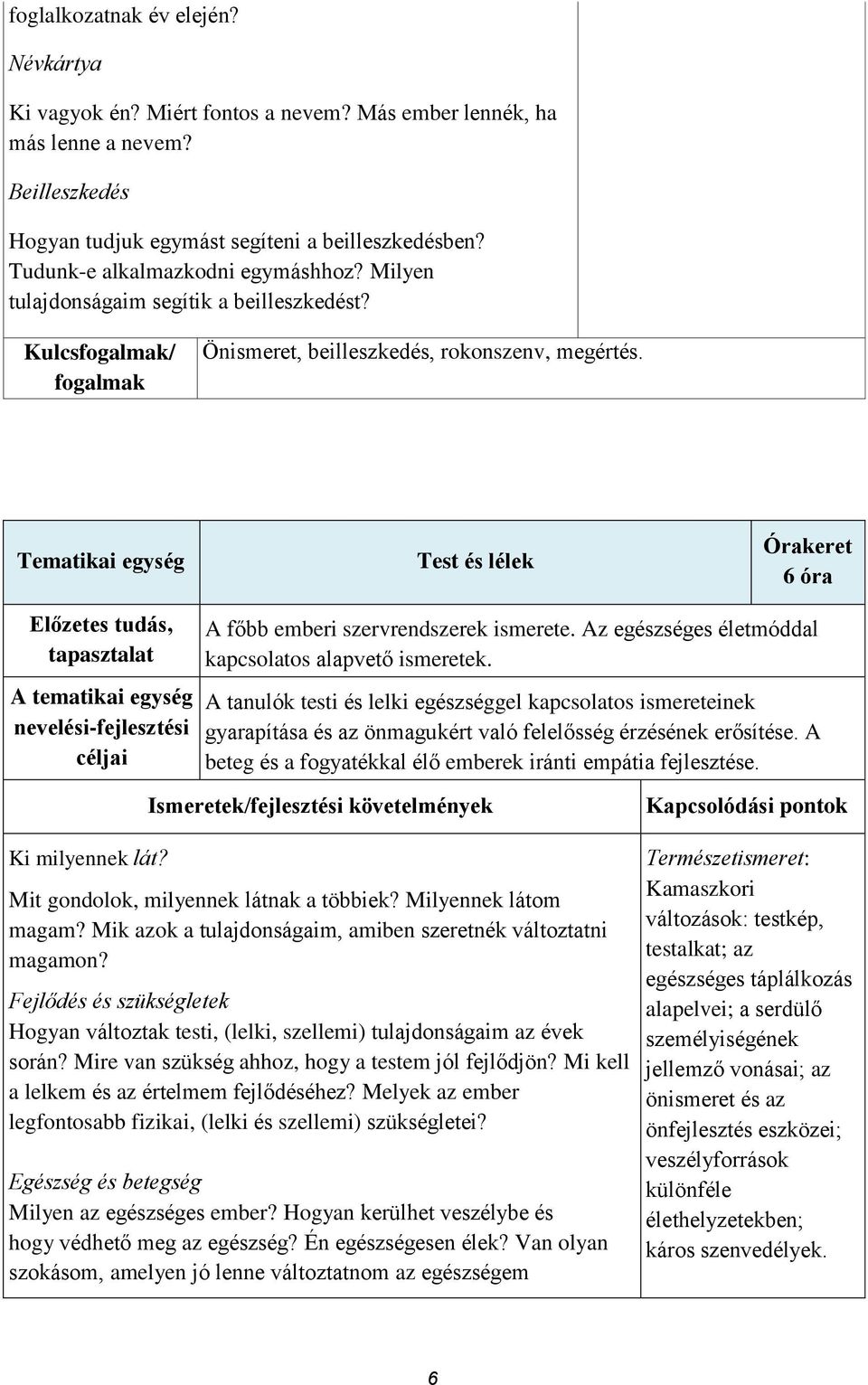 Tematikai egység Test és lélek 6 óra A tematikai egység A főbb emberi szervrendszerek ismerete. Az egészséges életmóddal kapcsolatos alapvető ismeretek.