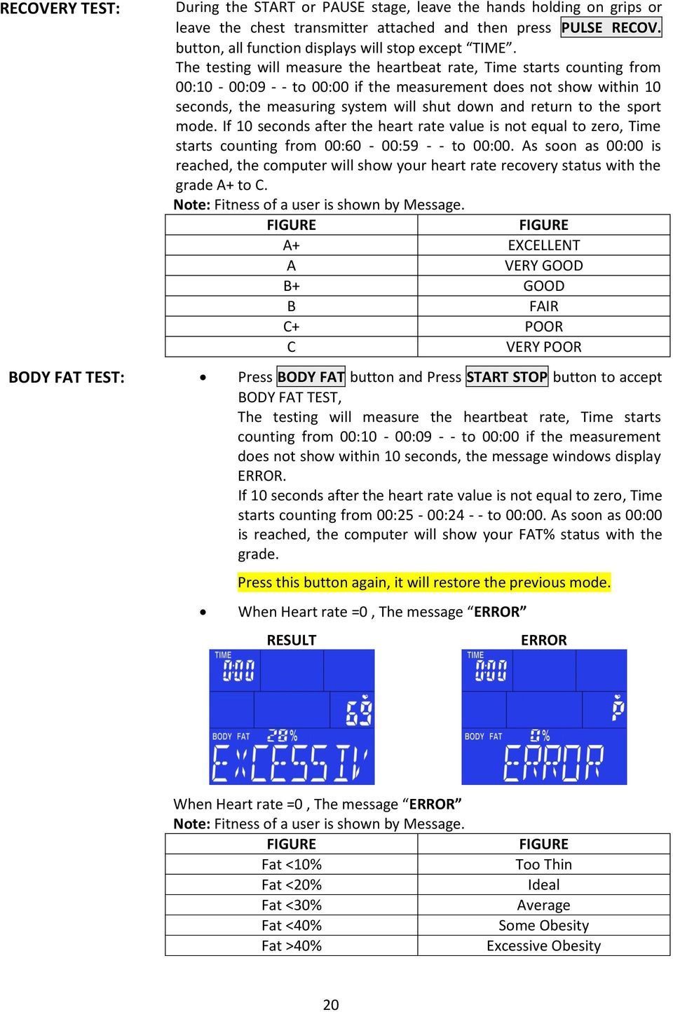 The testing will measure the heartbeat rate, Time starts counting from 00:10-00:0 - - to 00:00 if the measurement does not show within 10 seconds, the measuring system will shut down and return to