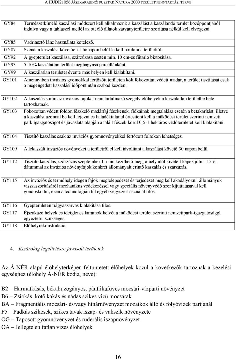 10 cm-es fűtarló biztosítása. 5-10% kaszálatlan terület meghagyása parcellánként. A kaszálatlan területet évente más helyen kell kialakítani.