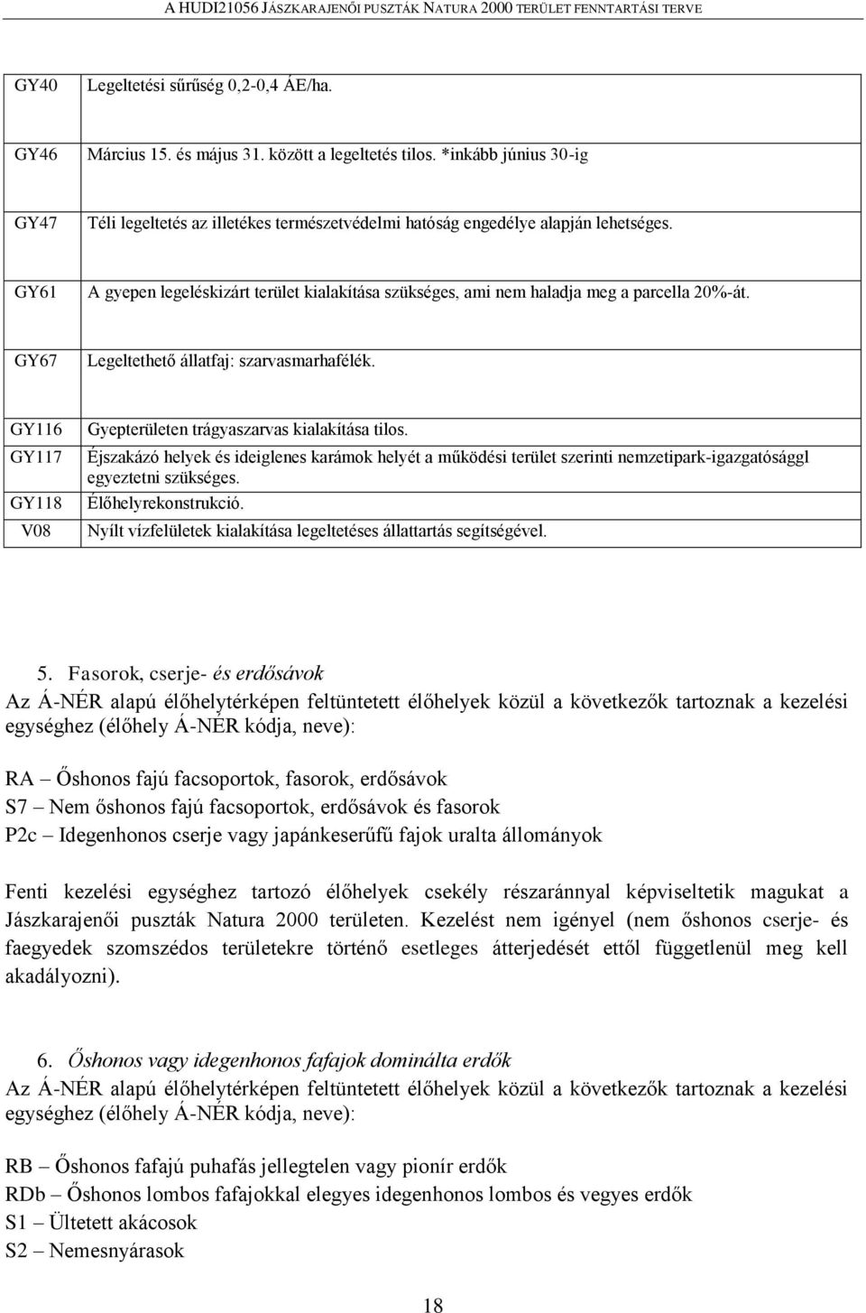 GY61 A gyepen legeléskizárt terület kialakítása szükséges, ami nem haladja meg a parcella 20%-át. GY67 Legeltethető állatfaj: szarvasmarhafélék.