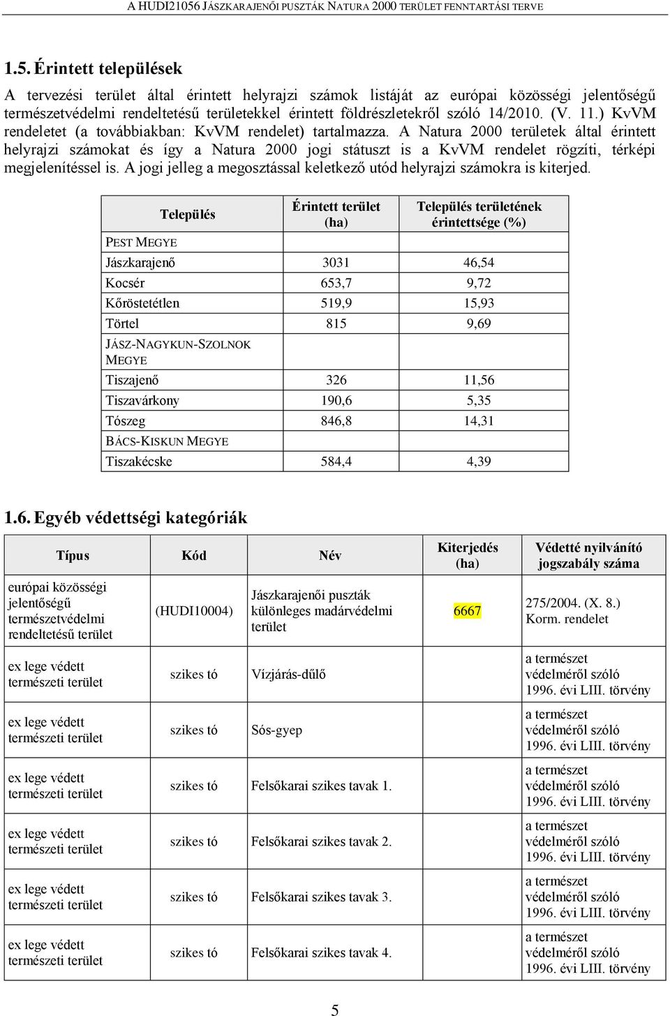 A Natura 2000 területek által érintett helyrajzi számokat és így a Natura 2000 jogi státuszt is a KvVM rendelet rögzíti, térképi megjelenítéssel is.