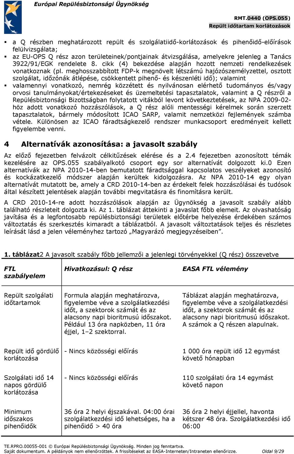 meghosszabbított FDP-k megnövelt létszámú hajózószemélyzettel, osztott szolgálat, időzónák átlépése, csökkentett pihenő- és készenléti idő); valamint valamennyi vonatkozó, nemrég közzétett és