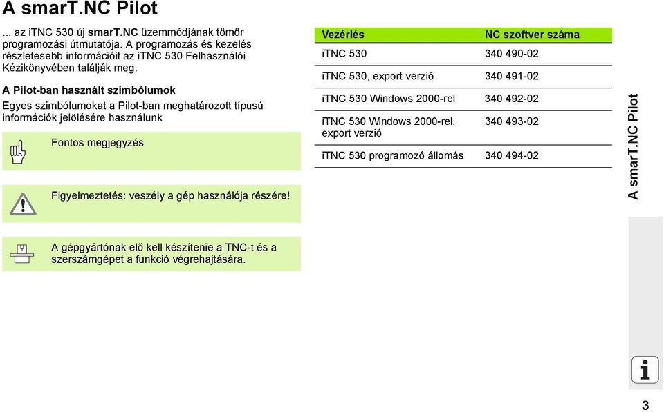 A Pilot-ban használt szimbólumok Egyes szimbólumokat a Pilot-ban meghatározott típusú információk jelölésére használunk Fontos megjegyzés Figyelmeztetés: veszély a gép