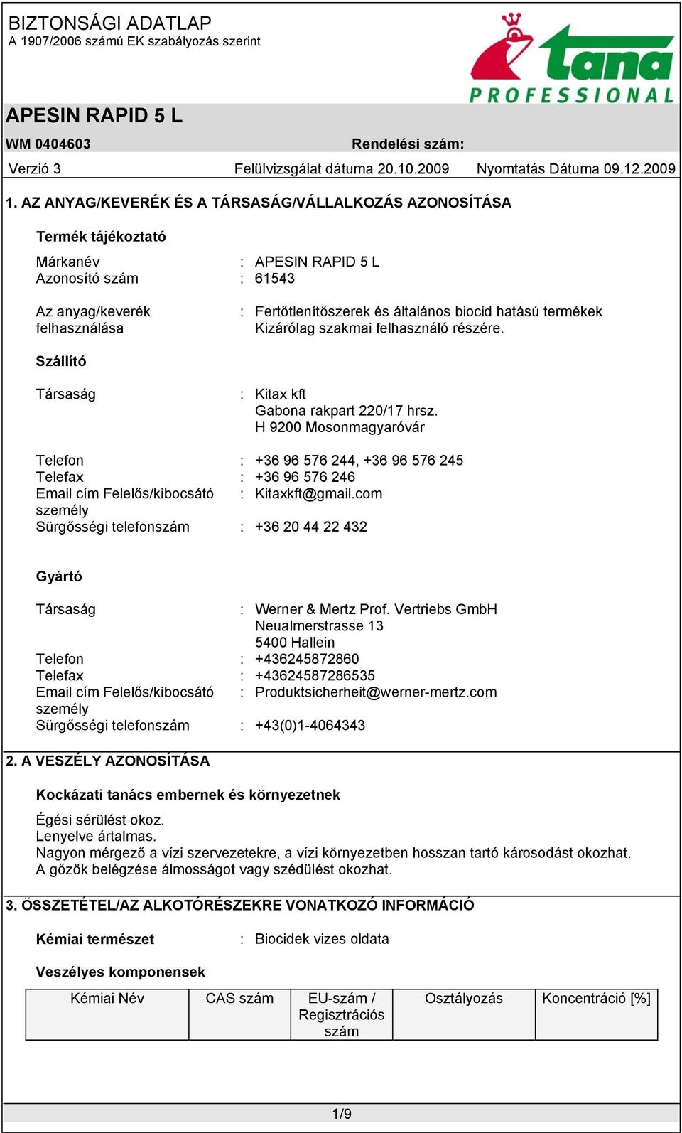 H 9200 Mosonmagyaróvár Telefon : +36 96 576 244, +36 96 576 245 Telefax : +36 96 576 246 Email cím Felelős/kibocsátó : Kitaxkft@gmail.