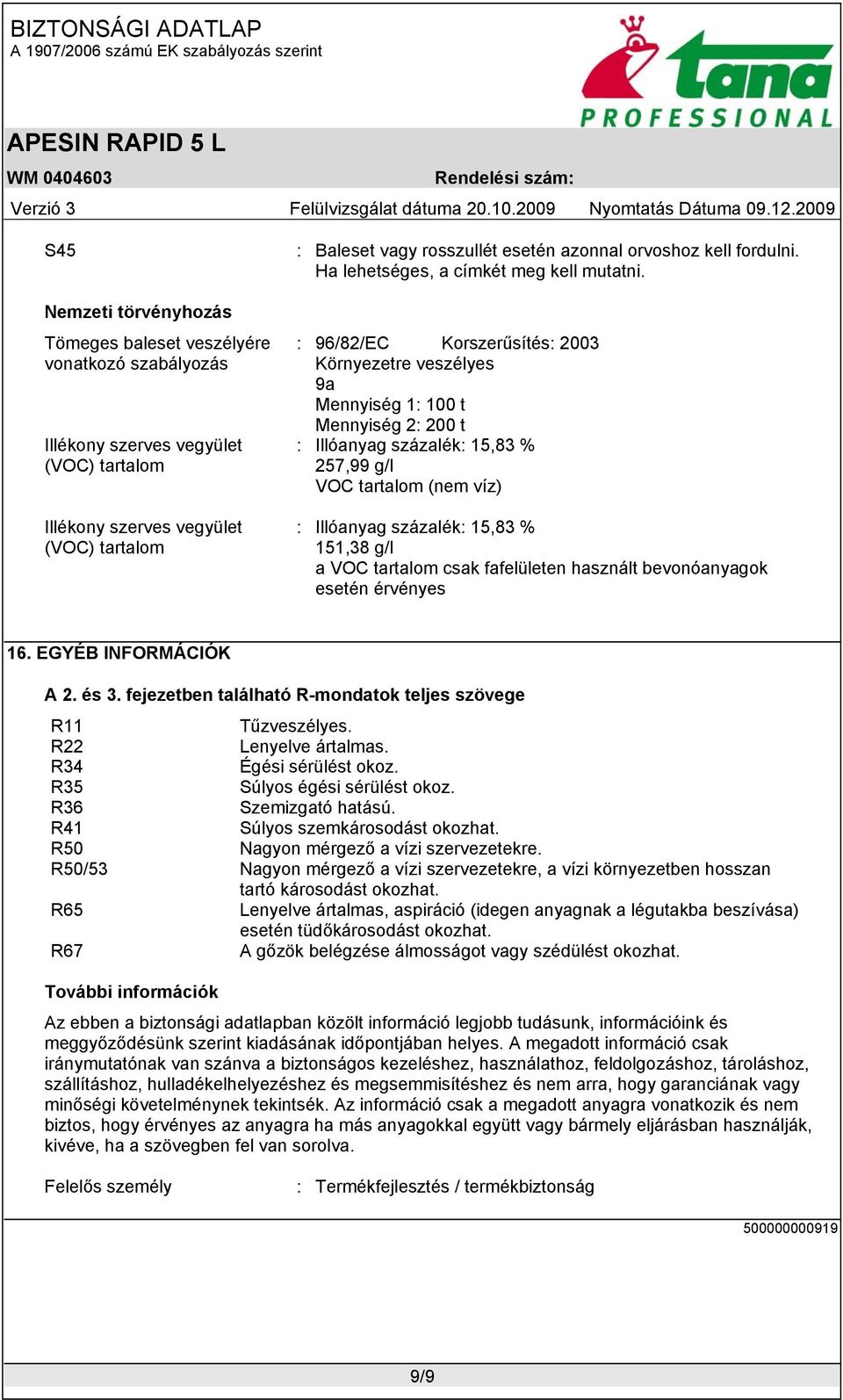 : 96/82/EC Korszerűsítés: 2003 Környezetre veszélyes 9a Mennyiség 1: 100 t Mennyiség 2: 200 t : Illóanyag százalék: 15,83 % 257,99 g/l VOC tartalom (nem víz) : Illóanyag százalék: 15,83 % 151,38 g/l