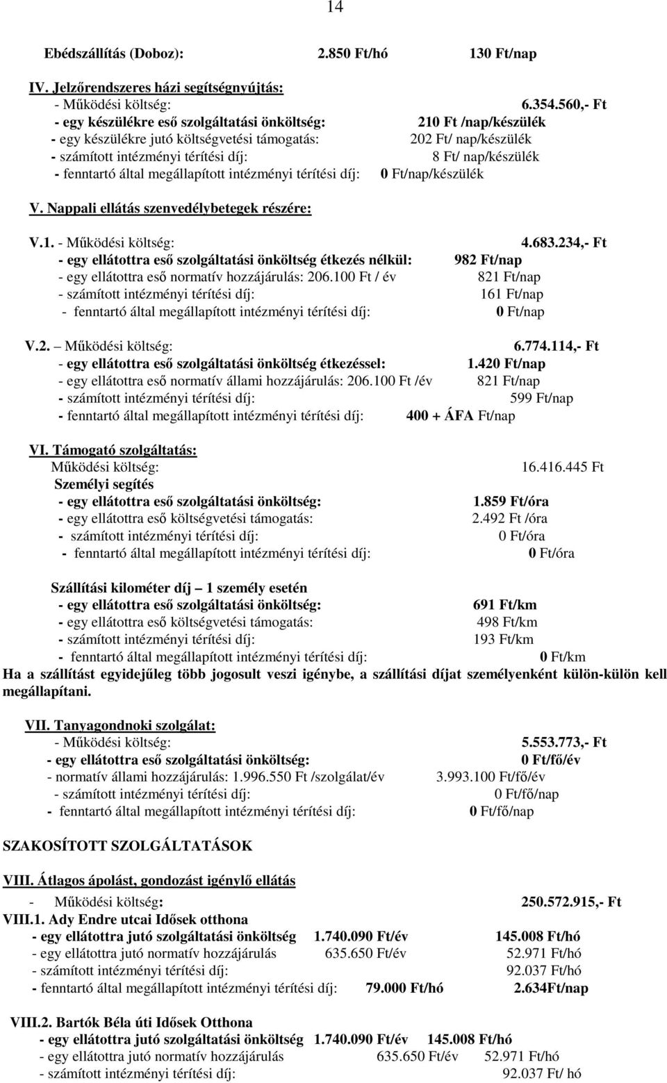 - fenntartó által megállapított intézményi térítési díj: 0 Ft/nap/készülék V. Nappali ellátás szenvedélybetegek részére: V.1. - Mőködési költség: 4.683.