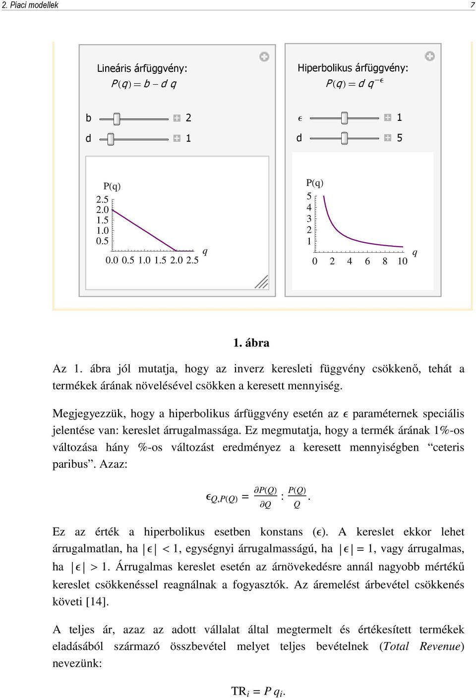 Megjegyezzük, hogy a hiperbolikus árfüggvény esetén az e paraméternek speciális jelentése van: kereslet árrugalmassága.