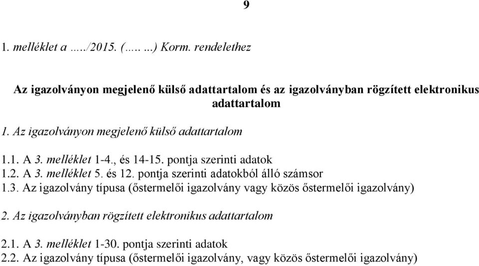 Az igazolványon megjelenő külső adattartalom 1.1. A 3. melléklet 1-4., és 14-15. pontja szerinti adatok 1.2. A 3. melléklet 5. és 12.