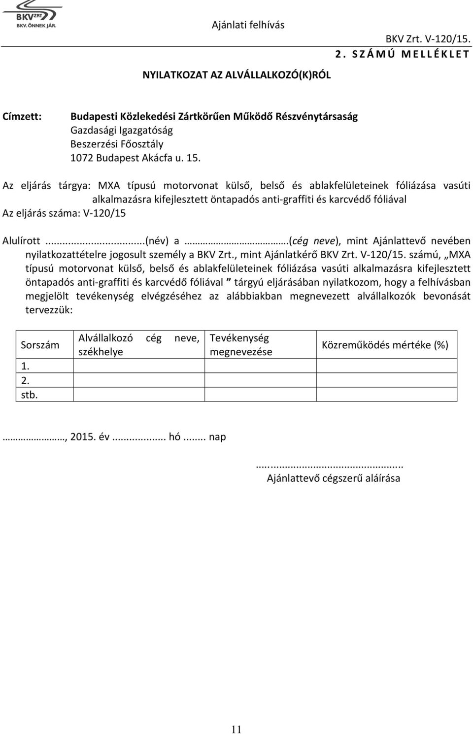 Alulírott...(név) a.(cég neve), mint Ajánlattevő nevében nyilatkozattételre jogosult személy a BKV Zrt.