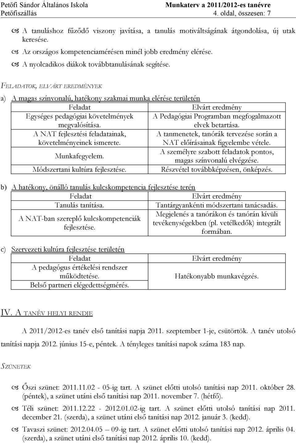 FELADATOK, ELVÁRT EREDMÉNYEK a) A magas színvonalú, hatékony szakmai munka elérése területén Feladat Elvárt eredmény Egységes pedagógiai követelmények megvalósítása.