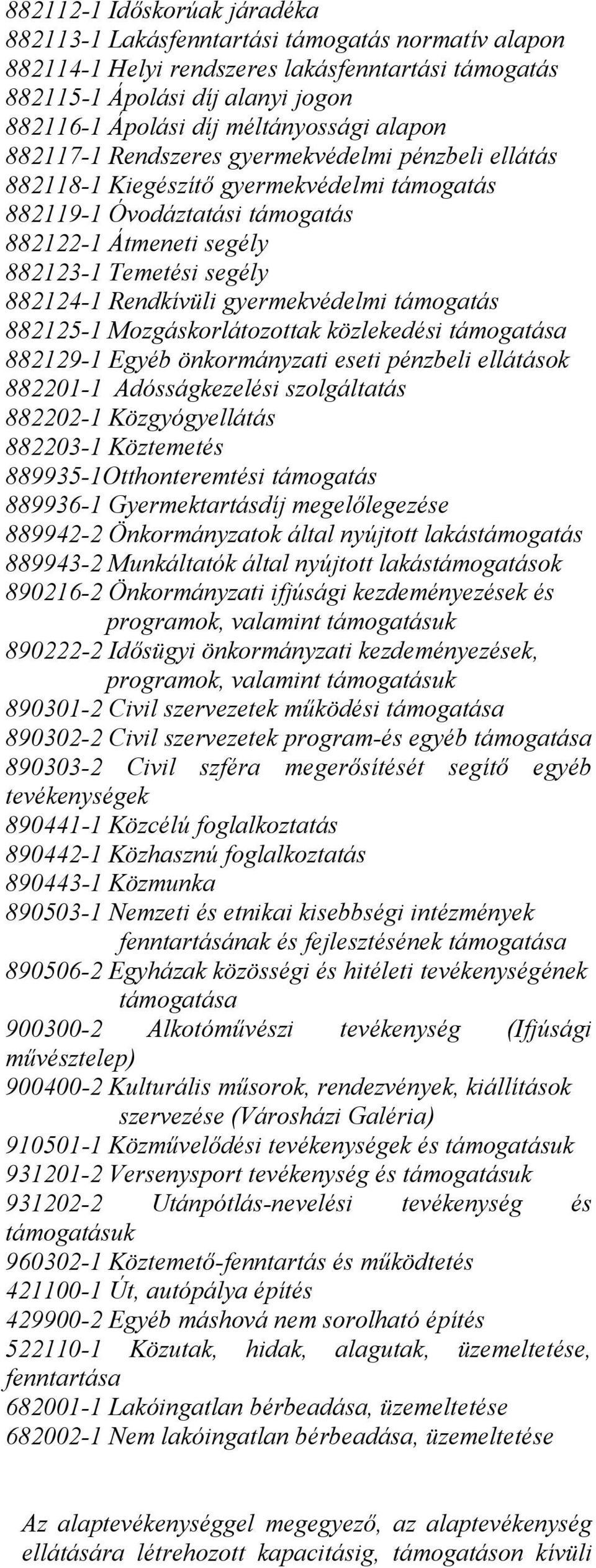 882124-1 Rendkívüli gyermekvédelmi támogatás 882125-1 Mozgáskorlátozottak közlekedési támogatása 882129-1 Egyéb önkormányzati eseti pénzbeli ellátások 882201-1 Adósságkezelési szolgáltatás 882202-1