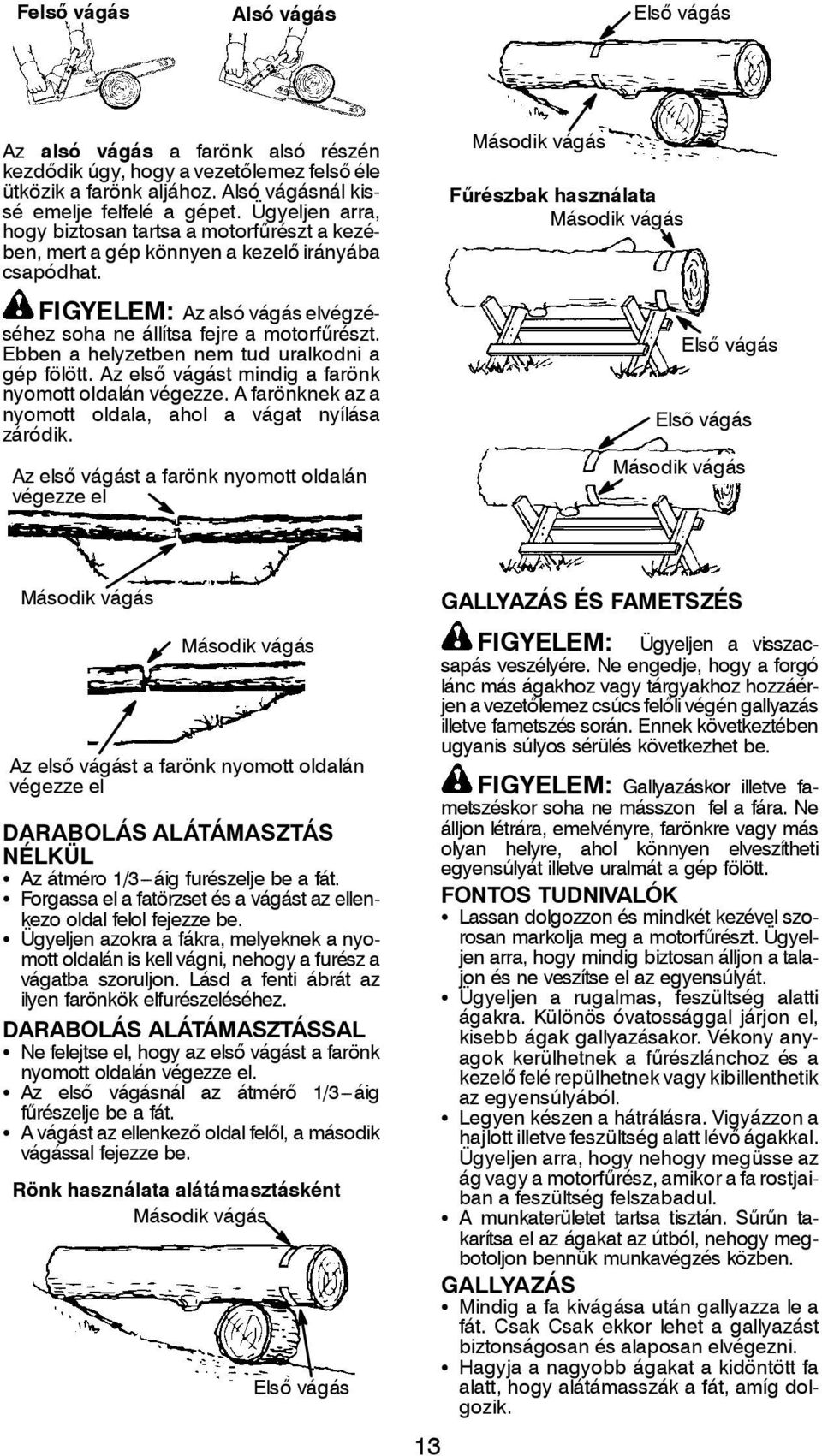 Ebben a helyzetben nem tud uralkodni a gép fölött. Az első vágást mindig a farönk nyomott oldalán végezze. A farönknek az a nyomott oldala, ahol a vágat nyílása záródik.