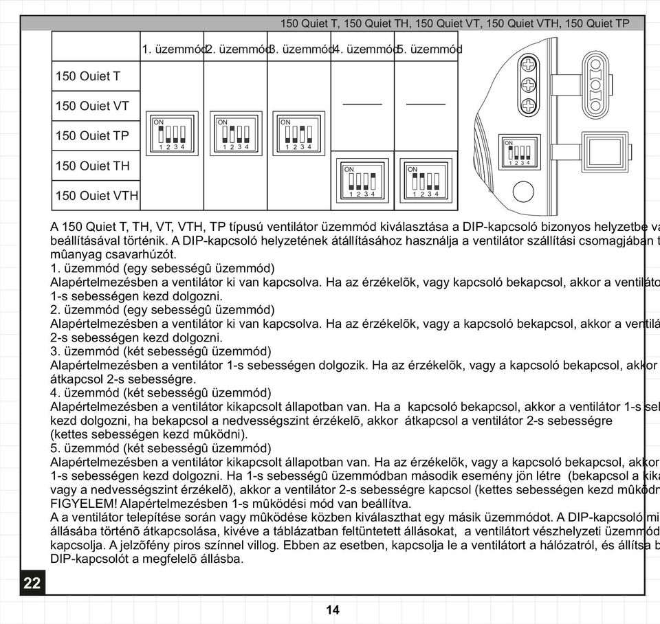 beállításával történik. A DIP-kapcsoló helyzetének átállításához használja a ventilátor szállítási csomagjában t mûanyag csavarhúzót.