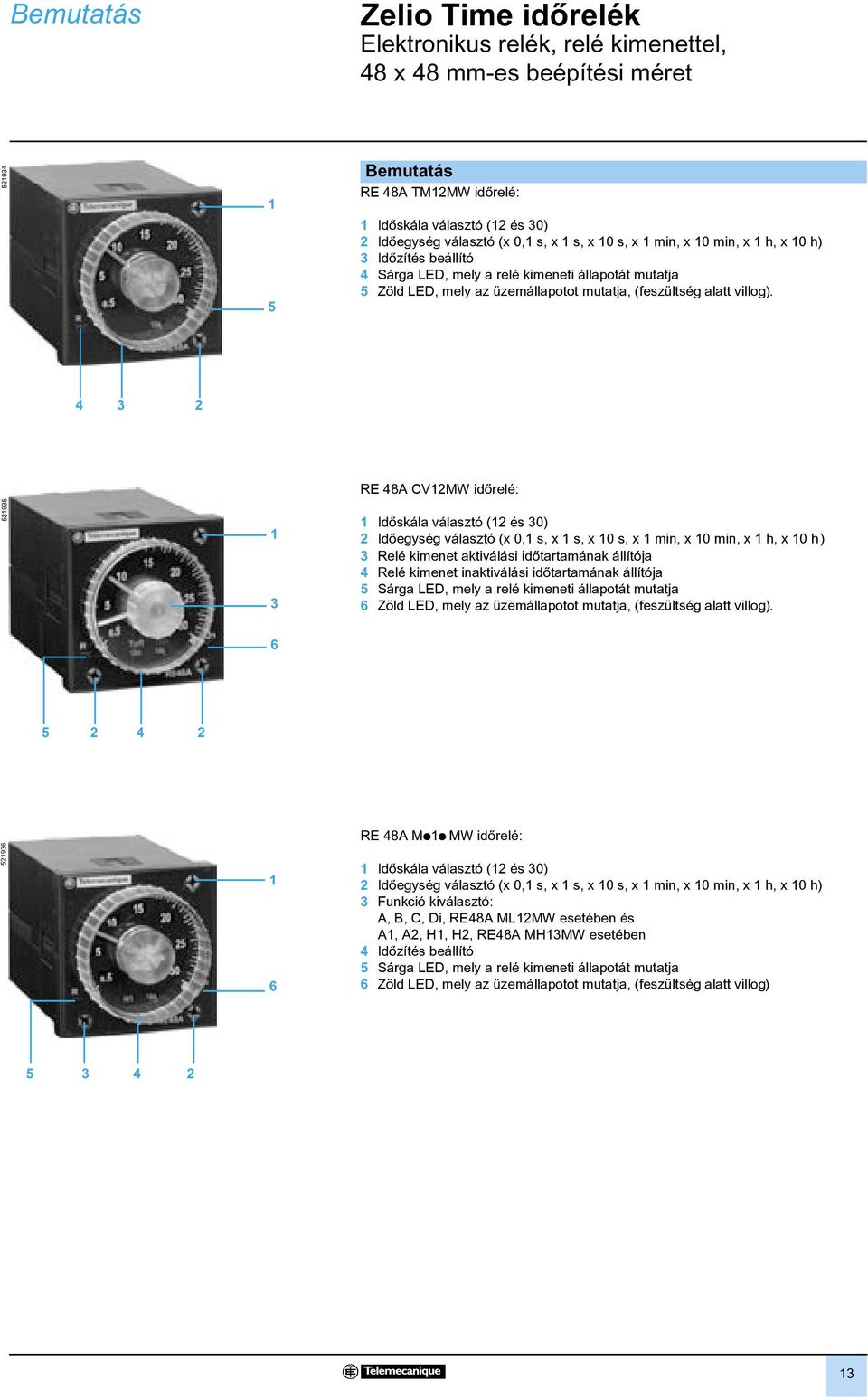 4 3 2 521935 1 3 E 48A V12MW idõrelé: 1 Idõskála választó (12 és 30) 2 Idõegység választó (x 0,1 s, x 1 s, x 10 s, x 1 min, x 10 min, x 1 h, x 10 h) 3 elé kimenet aktiválási idõtartamának állítója 4