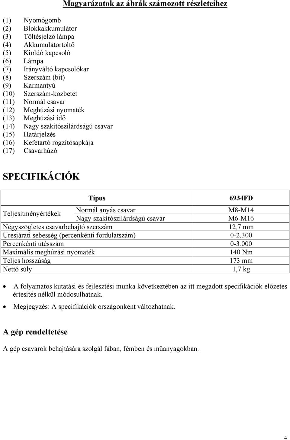 részleteihez SPECIFIKÁCIÓK Típus 6934FD Teljesítményértékek Normál anyás csavar M8-M14 Nagy szakítószilárdságú csavar M6-M16 Négyszögletes csavarbehajtó szerszám 12,7 mm Üresjárati sebesség