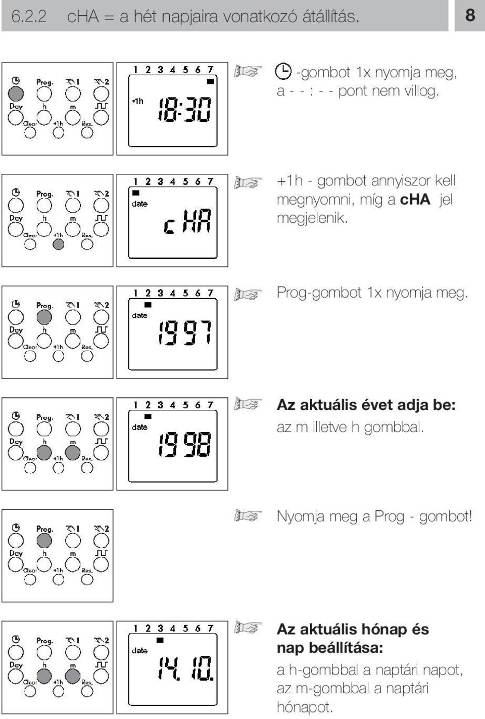 +1h - gombot annyiszor kell megnyomni, míg a cha jel megjelenik. Prog-gombot 1x nyomja meg.