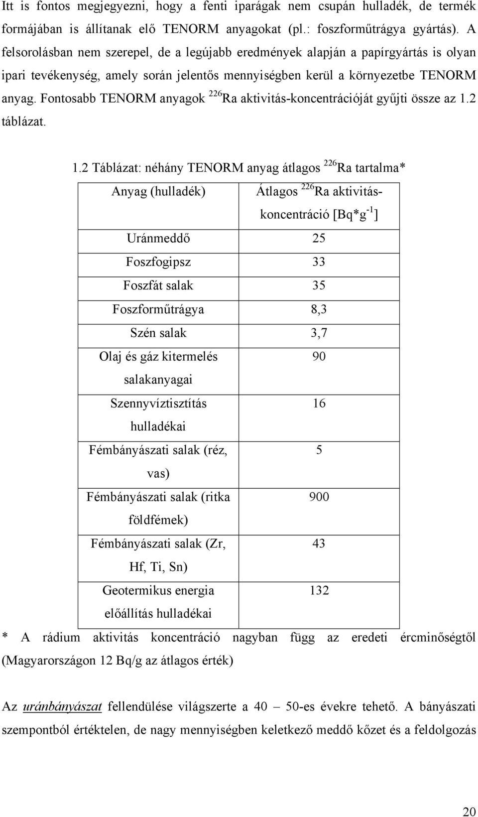 Fontosabb TENORM anyagok 226 Ra aktivitás-koncentrációját gyűjti össze az 1.
