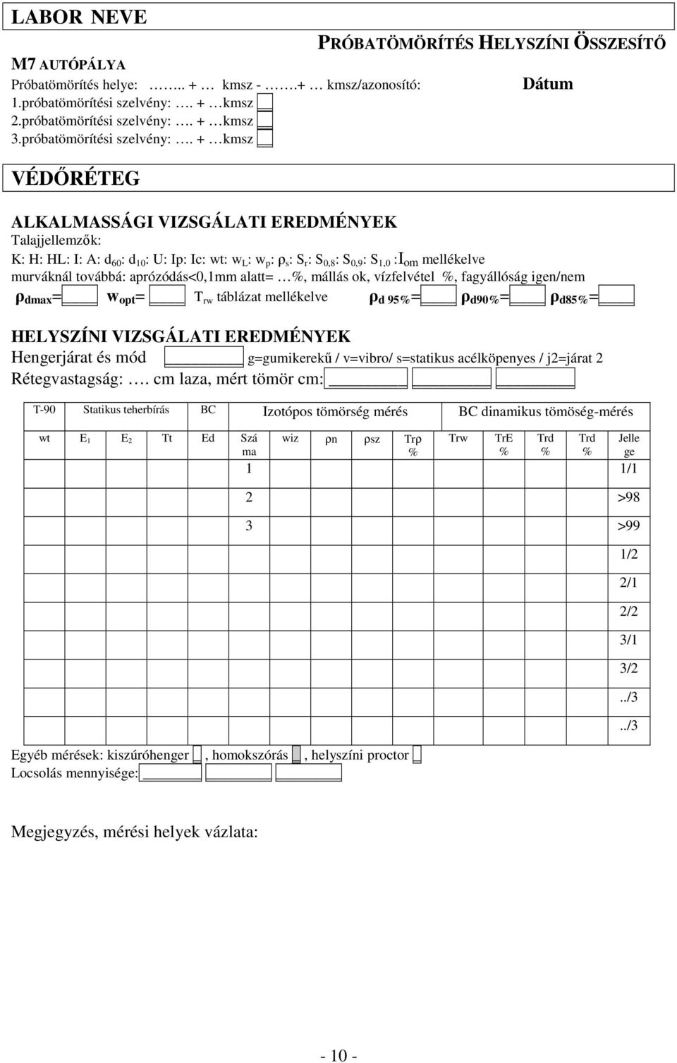 + kmsz VÉDİRÉTEG ALKALMASSÁGI VIZSGÁLATI EREDMÉNYEK Talajjellemzık: K: H: HL: I: A: d 60 : d 10 : U: Ip: Ic: wt: w L : w p : ρ s : S r : S 0,8 : S 0,9 : S 1,0 :I om mellékelve murváknál továbbá: