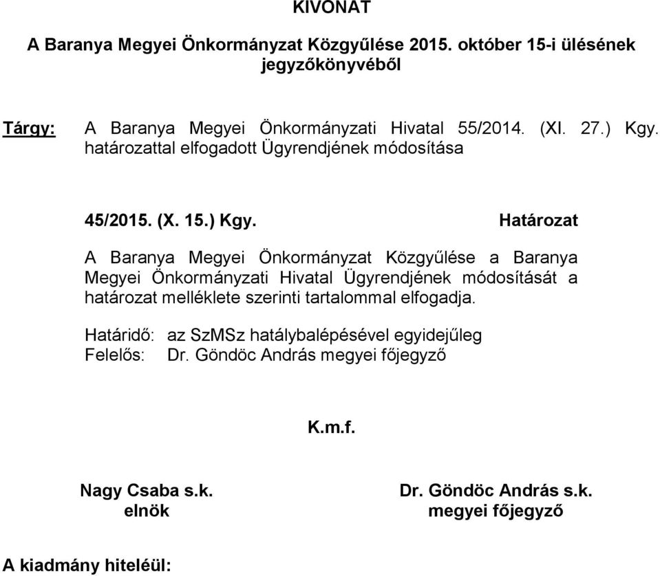 határozattal elfogadott Ügyrendjének módosítása 45/2015. (X. 15.) Kgy.