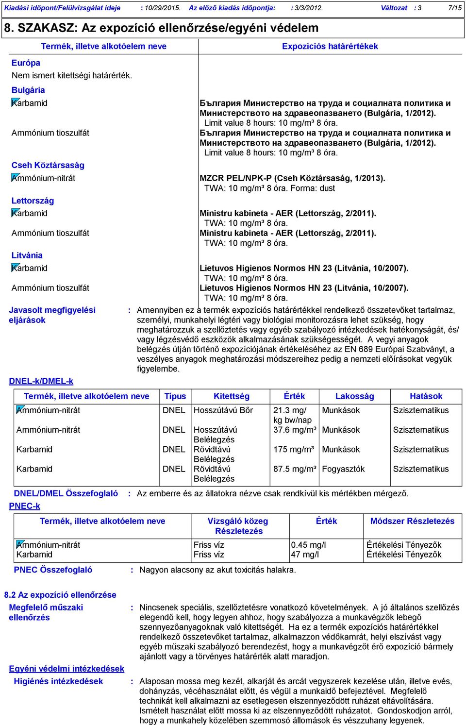 Bulgária Karbamid Ammónium tioszulfát Cseh Köztársaság Ammóniumnitrát MZCR PEL/NPKP (Cseh Köztársaság, 1/2013). TWA 10 mg/m³ 8 óra.