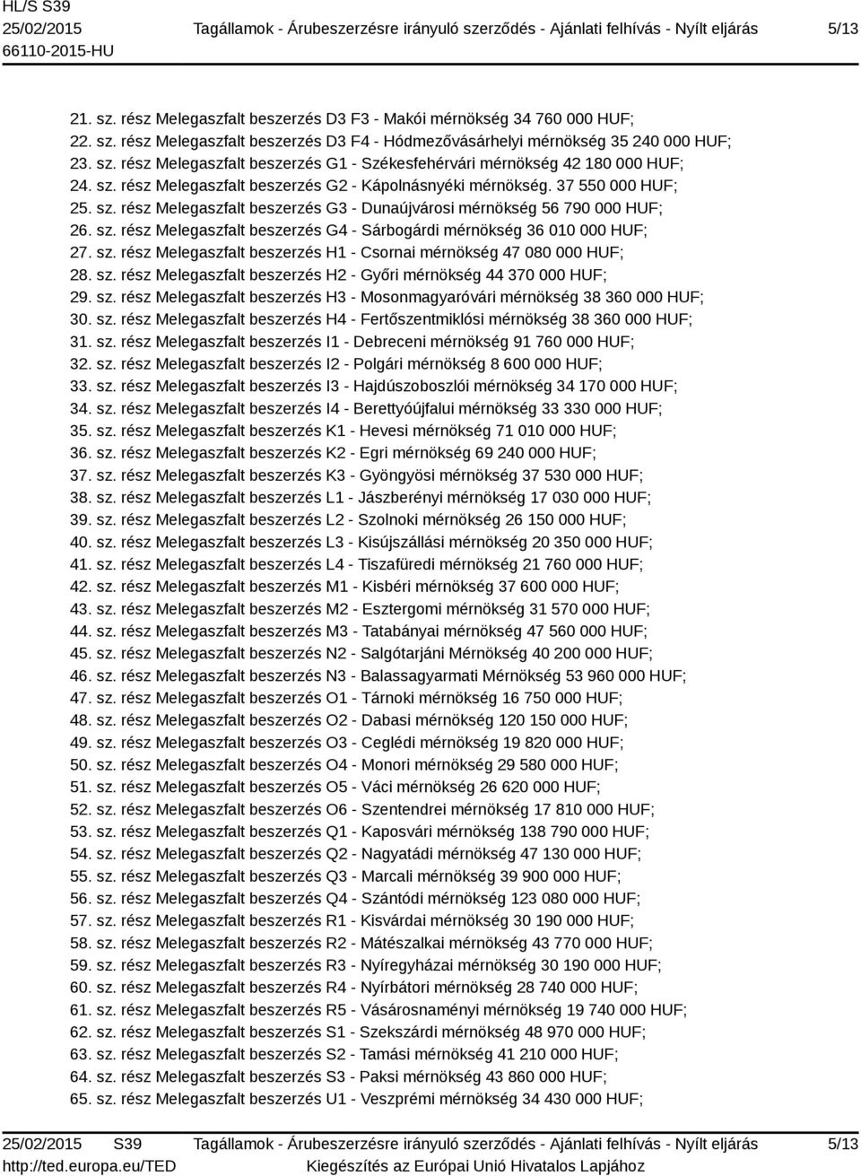 sz. rész Melegaszfalt beszerzés H1 - Csornai mérnökség 47 080 000 HUF; 28. sz. rész Melegaszfalt beszerzés H2 - Győri mérnökség 44 370 000 HUF; 29. sz. rész Melegaszfalt beszerzés H3 - Mosonmagyaróvári mérnökség 38 360 000 HUF; 30.