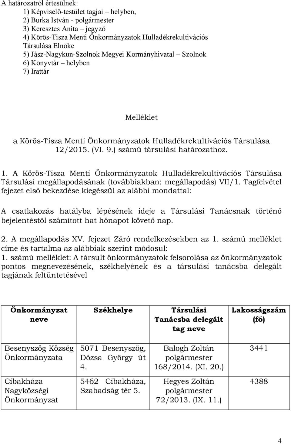 /2015. (VI. 9.) számú tásulási hatáozathoz. 1. A Köös-Tisza Menti ok Hulladékekultivációs Tásulása Tásulási megállapodásának (továbbiakban: megállapodás) VII/1.
