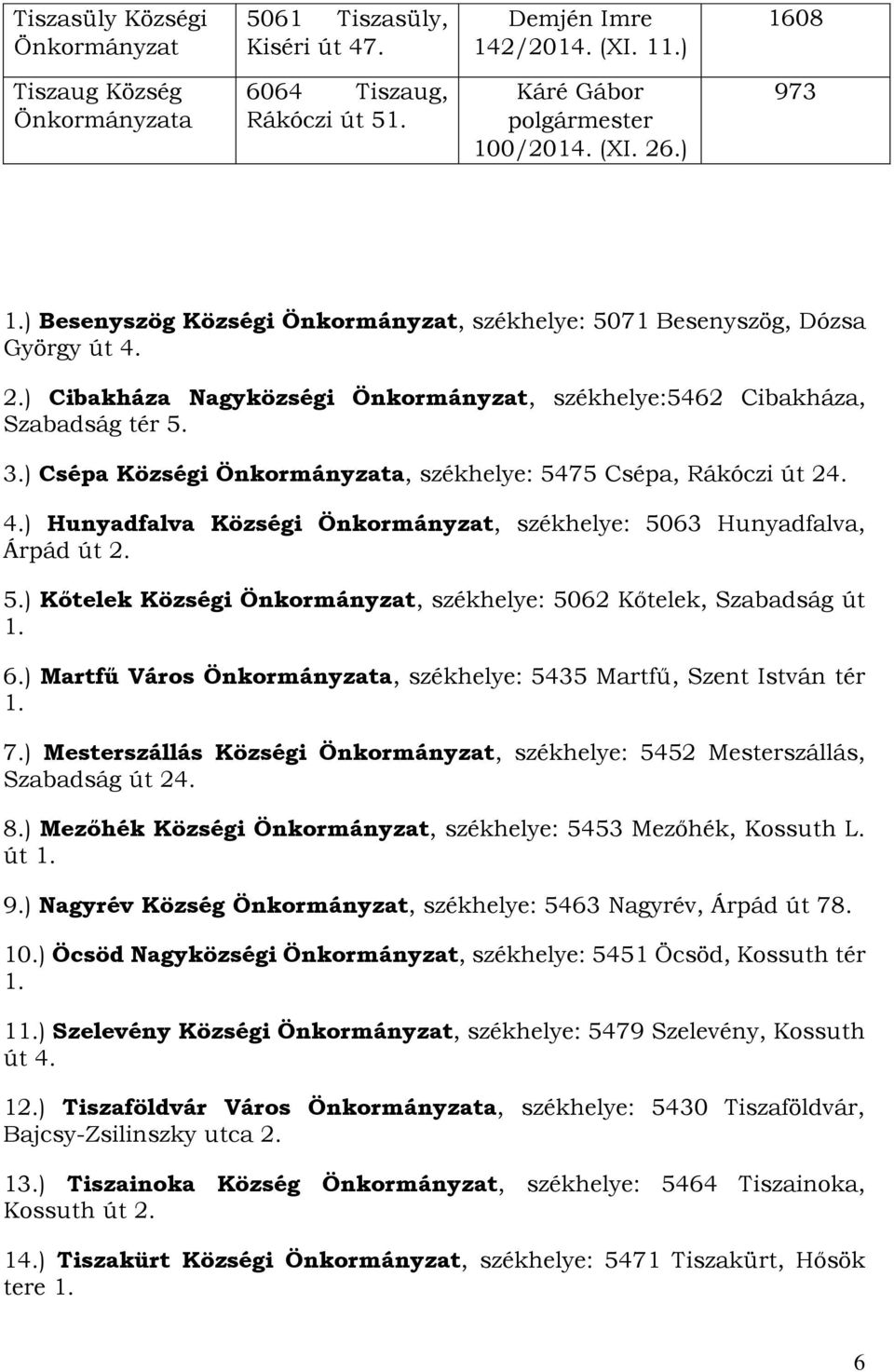 5.) Kőtelek Községi, székhelye: 5062 Kőtelek, Szabadság út 1. 6.) Matfű Váos a, székhelye: 5435 Matfű, Szent István té 1. 7.) Mesteszállás Községi, székhelye: 5452 Mesteszállás, Szabadság út 24. 8.