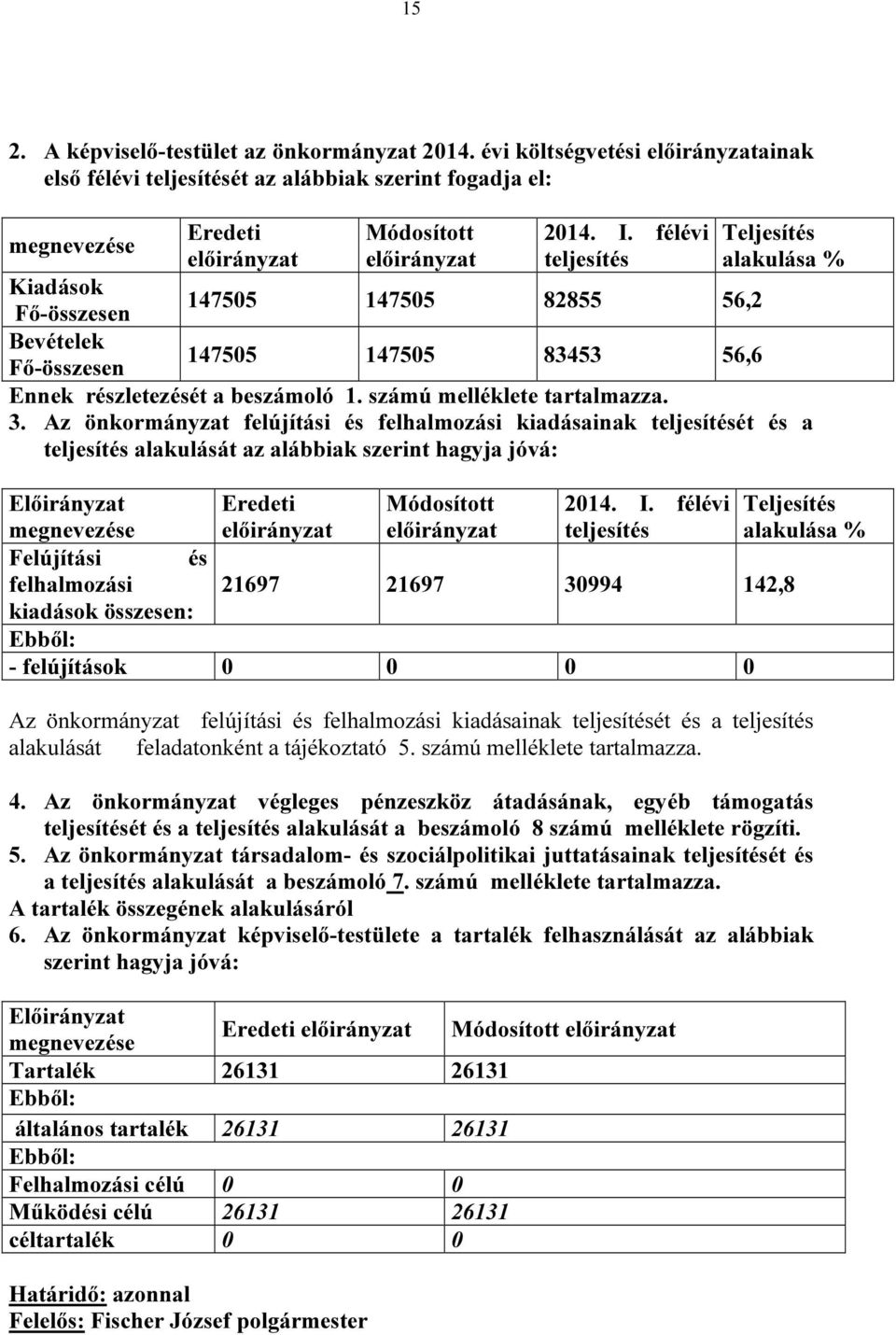 félévi teljesítés Teljesítés alakulása % Kiadások Fő-összesen 147505 147505 82855 56,2 Bevételek Fő-összesen 147505 147505 83453 56,6 Ennek részletezését a beszámoló 1. számú melléklete tartalmazza.