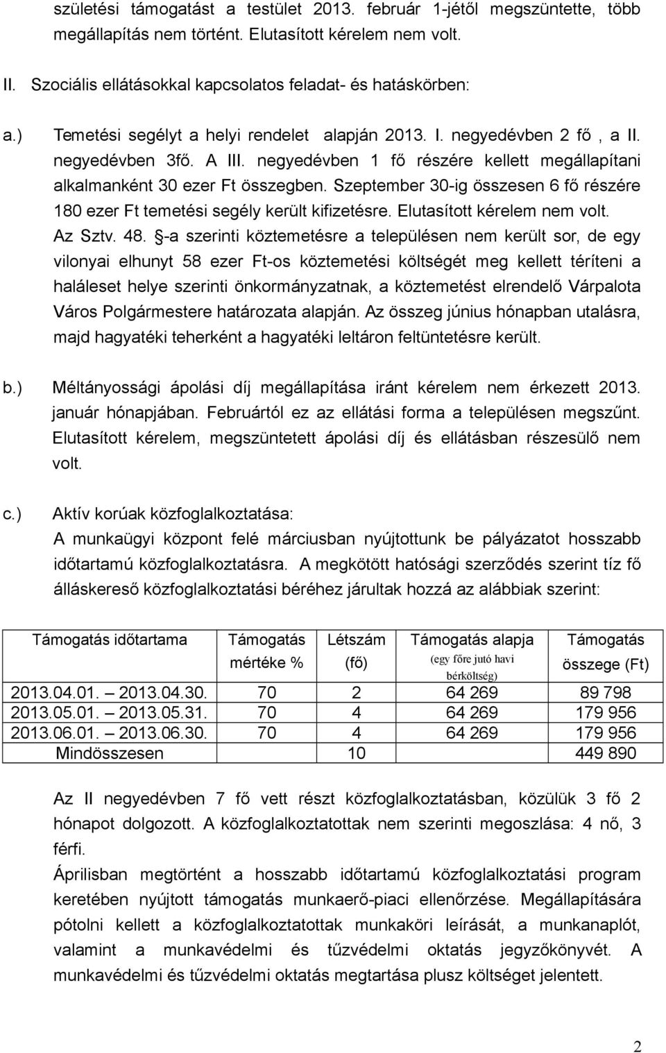 Szeptember 30-ig összesen 6 fő részére 180 ezer Ft temetési segély került kifizetésre. Elutasított kérelem nem volt. Az Sztv. 48.