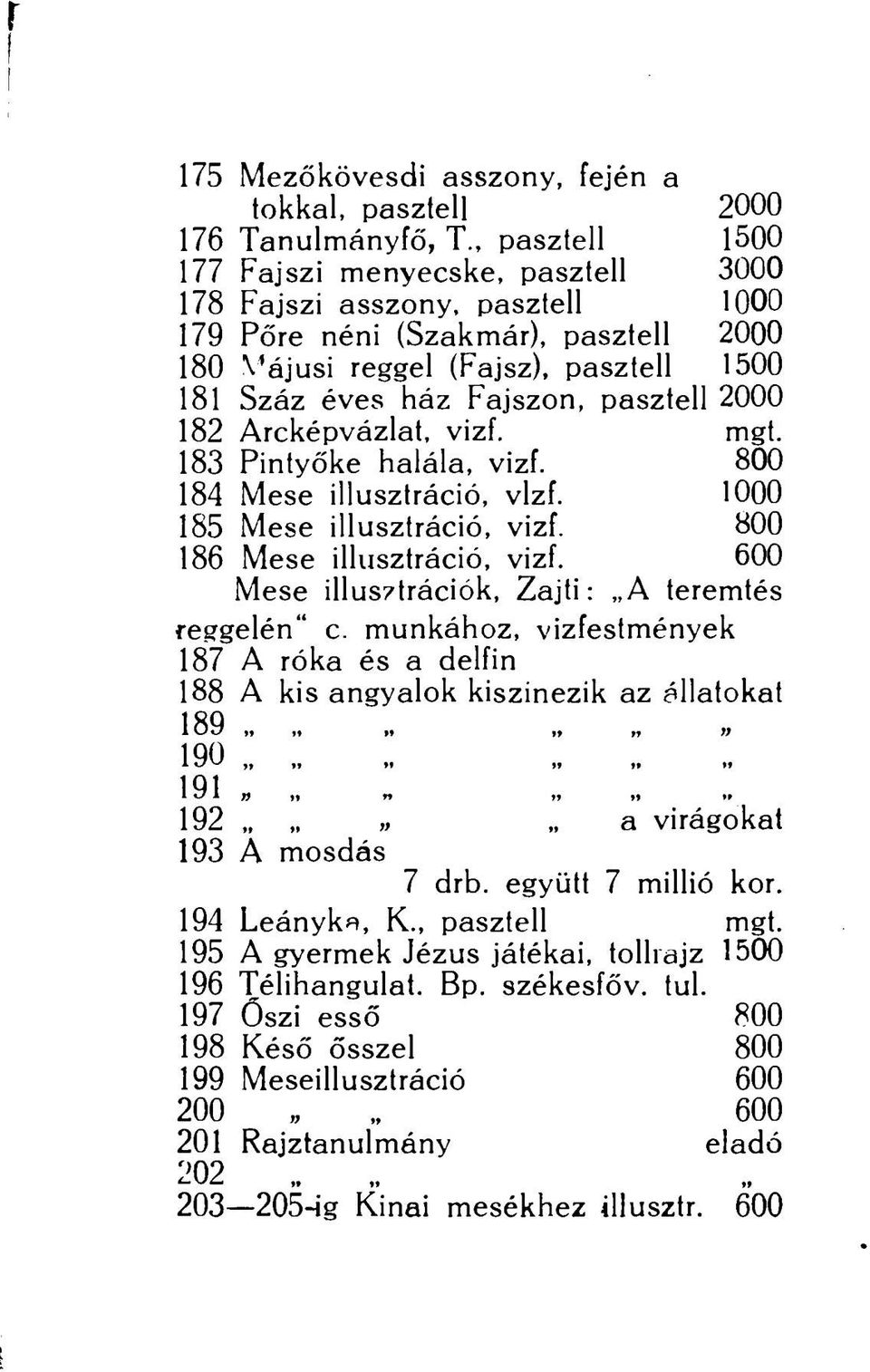 pasztell 2000 182 Arcképvázlat, vizf. mgt. 183 Pintyőke halála, vizf. 800 184 Mese illusztráció, vizf. 1000 185 Mese illusztráció, vizf. 800 186 Mese illusztráció, vizf.