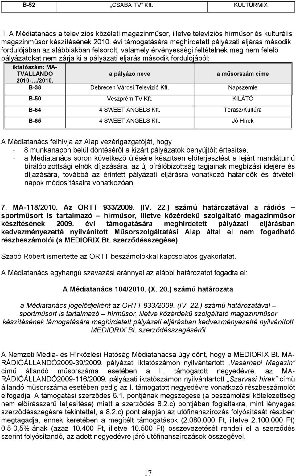 fordulójából: iktatószám: MA- TVALLANDO a pályázó neve a műsorszám címe 2010- /2010. B-38 Debrecen Városi Televízió Kft. Napszemle B-50 Veszprém TV Kft. KILÁTÓ B-64 4 SWEET ANGELS Kft.