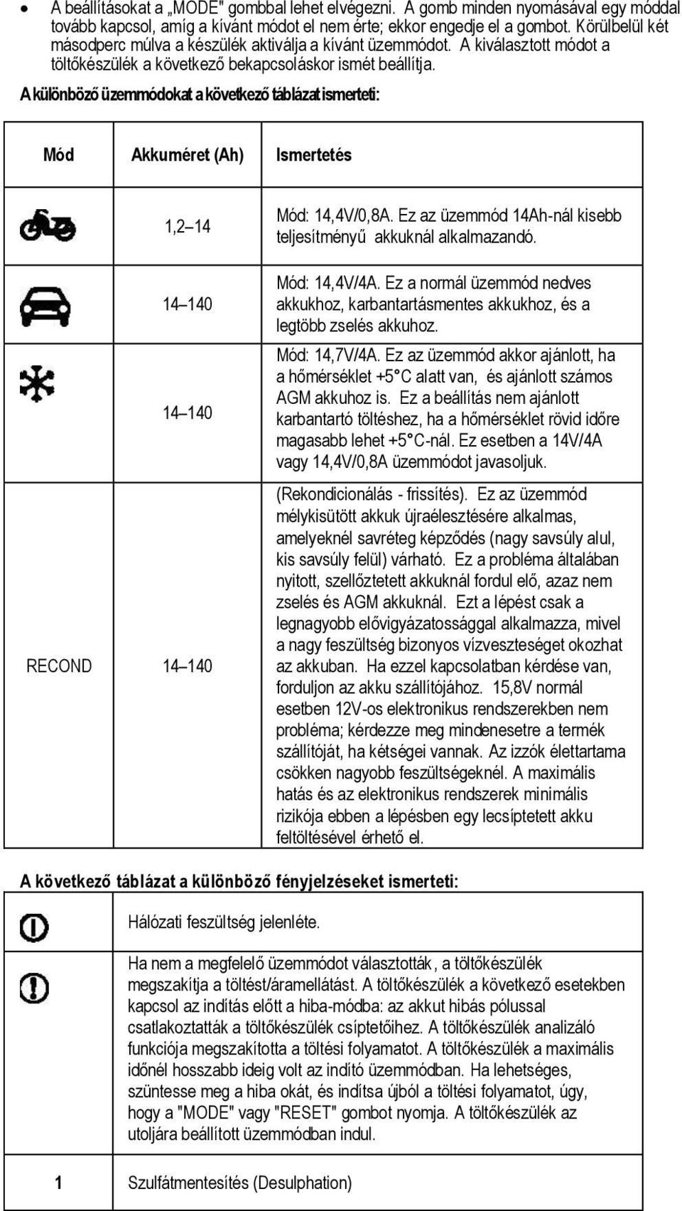 A különböző üzemmódokat a következő táblázat ismerteti: Mód Akkuméret (Ah) Ismertetés 1,2 14 14 140 14 140 RECOND 14 140 Mód: 14,4V/0,8A.