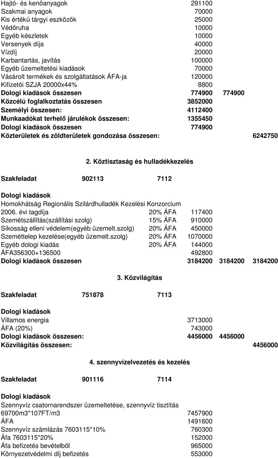 Munkaadókat terhelő járulékok összesen: Dologi kiadások összesen 3852000 4112400 1355450 774900 Közterületek és zöldterületek gondozása összesen: 6242750 2.