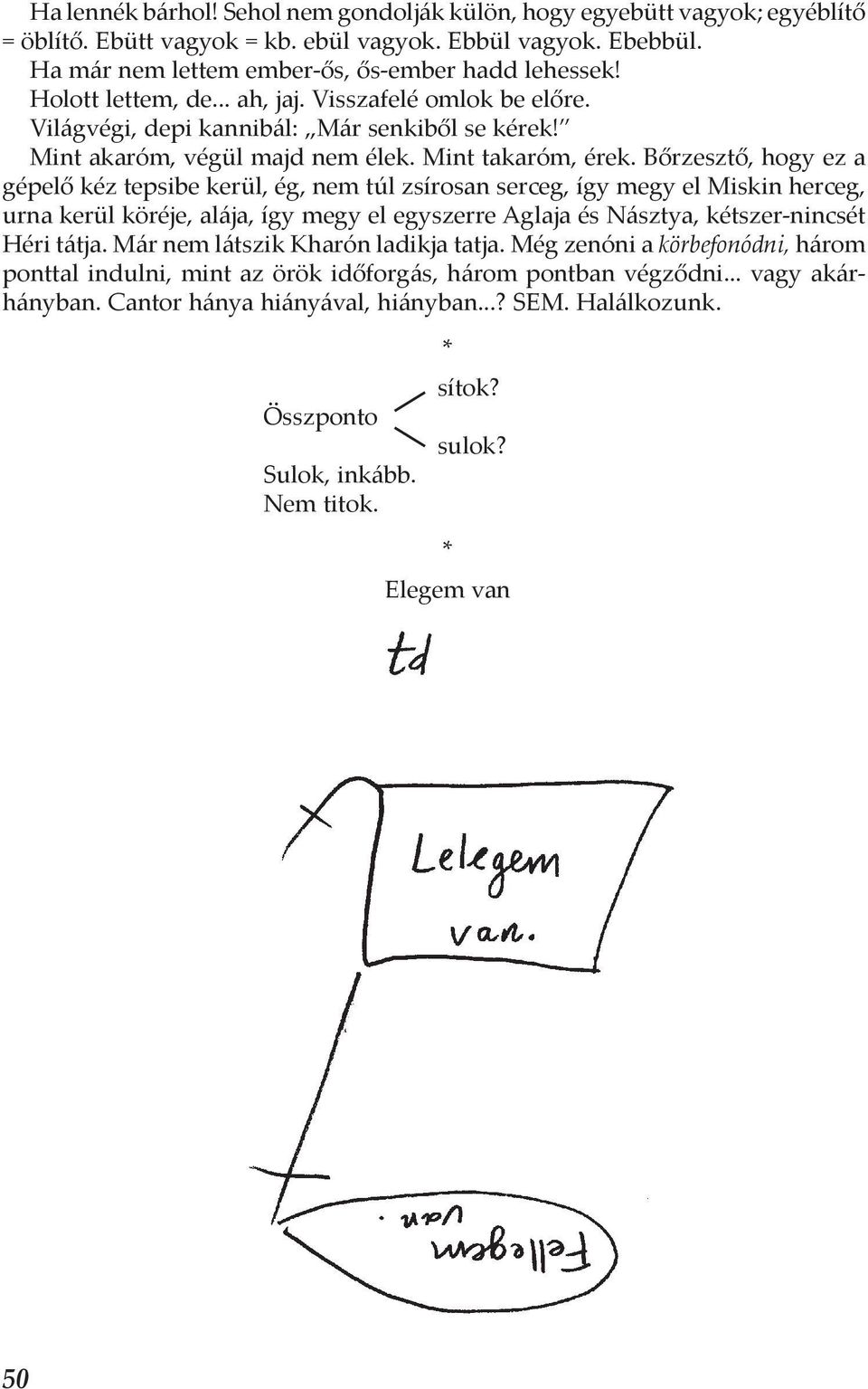 Bőrzesztő, hogy ez a gépelő kéz tepsibe kerül, ég, nem túl zsírosan serceg, így megy el Miskin herceg, urna kerül köréje, alája, így megy el egyszerre Aglaja és Násztya, kétszer-nincsét Héri tátja.