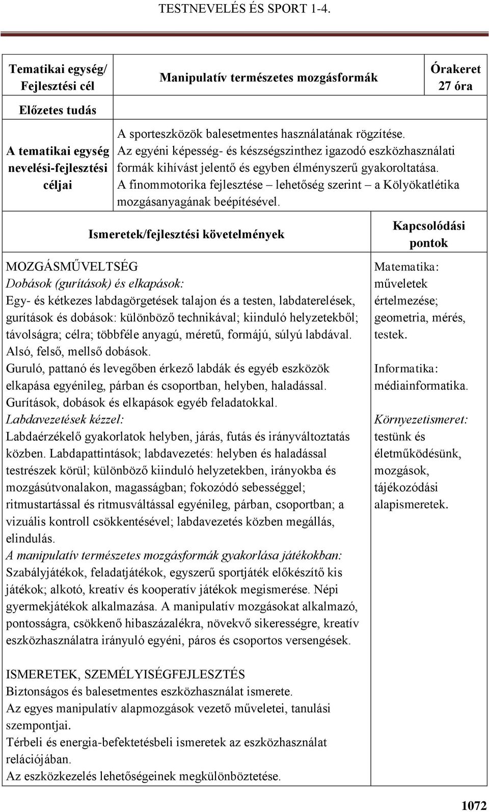 A finommotorika fejlesztése lehetőség szerint a Kölyökatlétika mozgásanyagának beépítésével.