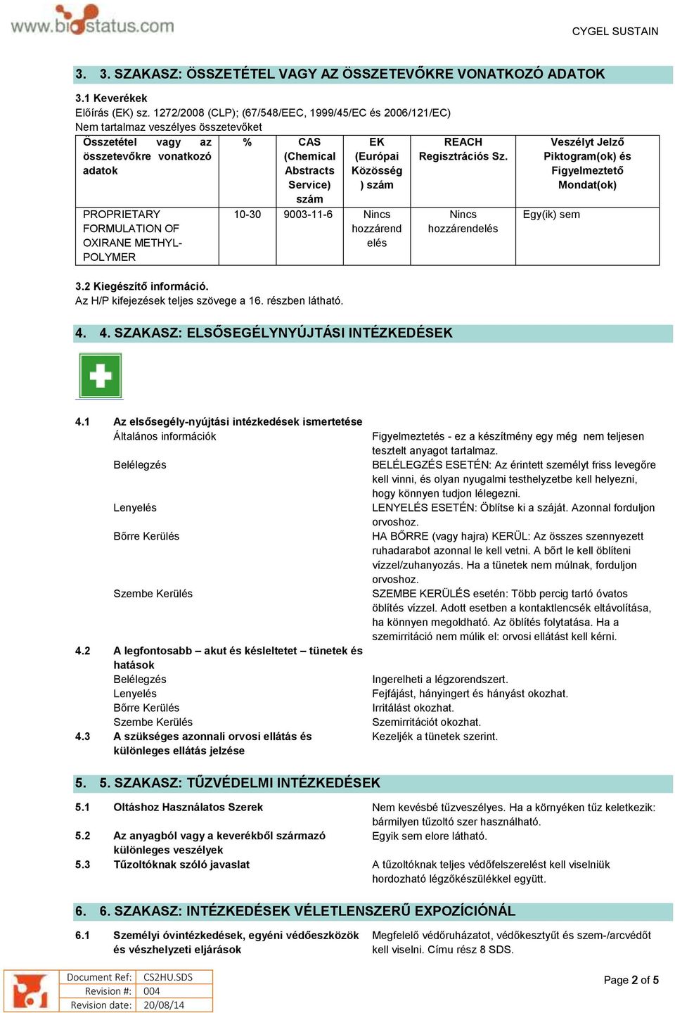 (Chemical Abstracts Service) szám EK (Európai Közösség ) szám 10-30 9003-11-6 Nincs hozzárend elés REACH Regisztrációs Sz.