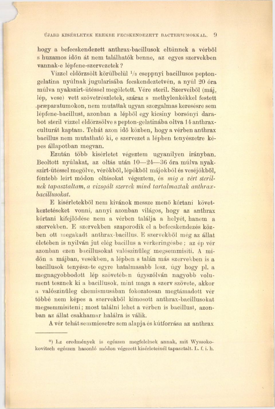 Vízzel eldörzsölt körülbelül Уз cseppnyi bacillusos peptongelatina nyúlnak jugularisába fecskendeztetvén, a nyúl 20 óra múlva nyakszirt-ütéssel megöletett. Vére steril.