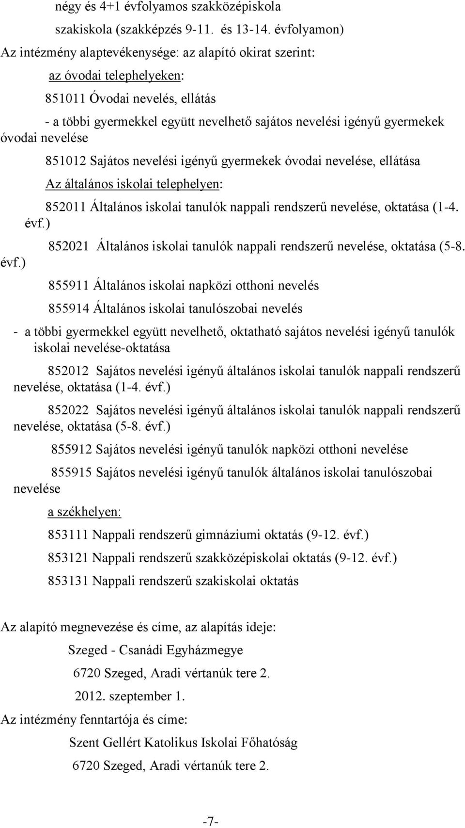 óvodai nevelése évf.) 851012 Sajátos nevelési igényű gyermekek óvodai nevelése, ellátása Az általános iskolai telephelyen: 852011 Általános iskolai tanulók nappali rendszerű nevelése, oktatása (1-4.