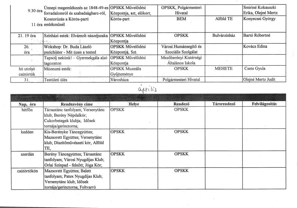 Körös-part 21. 19 óra Színházi estek: Elvámolt nászéjszaka OPSKK Művelődési OPSKK Bulvárzínház Bartó Róbertné Központja 26. Wokshop: Dr.