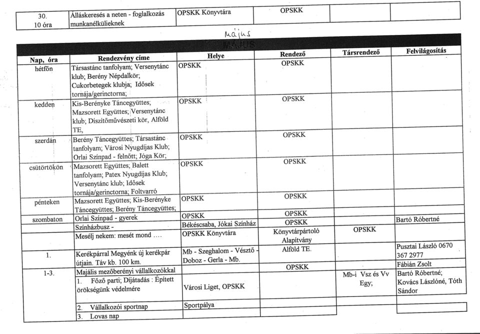 OPSKK klub; Berény Népdalkör; Cukorbetegek klubja; Idősek tornájajgeririctorna; kedden Kis-Berényke Táncegyüttes, OPSKK OPSKK szerdái - Mazsorett Együttes; Versenytánc klub; Díszítőművészeti kör,