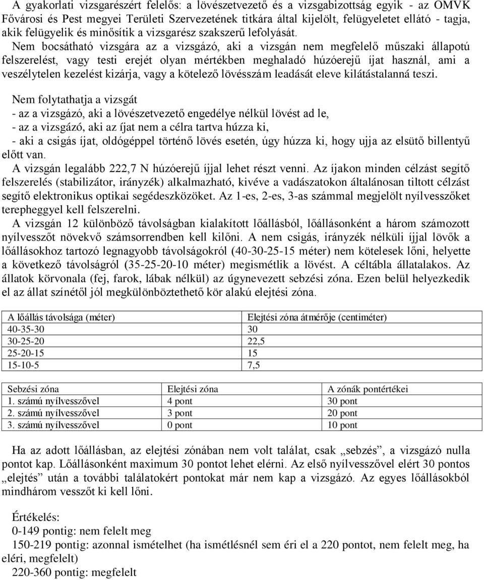 Nem bocsátható vizsgára az a vizsgázó, aki a vizsgán nem megfelelő műszaki állapotú felszerelést, vagy testi erejét olyan mértékben meghaladó húzóerejű íjat használ, ami a veszélytelen kezelést