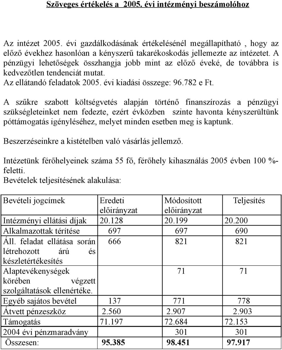 A pénzügyi lehetőségek összhangja jobb mint az előző éveké, de továbbra is kedvezőtlen tendenciát mutat. Az ellátandó feladatok 2005. évi kiadási összege: 96.782 e Ft.