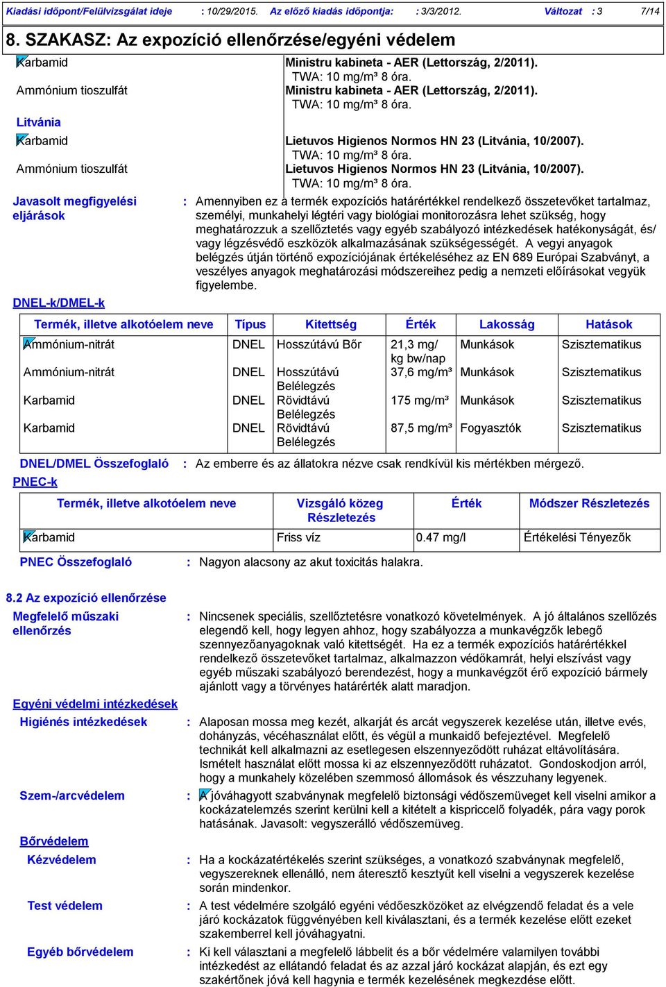 TWA 10 mg/m³ 8 óra. Litvánia Karbamid Lietuvos Higienos Normos HN 23 (Litvánia, 10/2007). TWA 10 mg/m³ 8 óra. Ammónium tioszulfát Lietuvos Higienos Normos HN 23 (Litvánia, 10/2007).