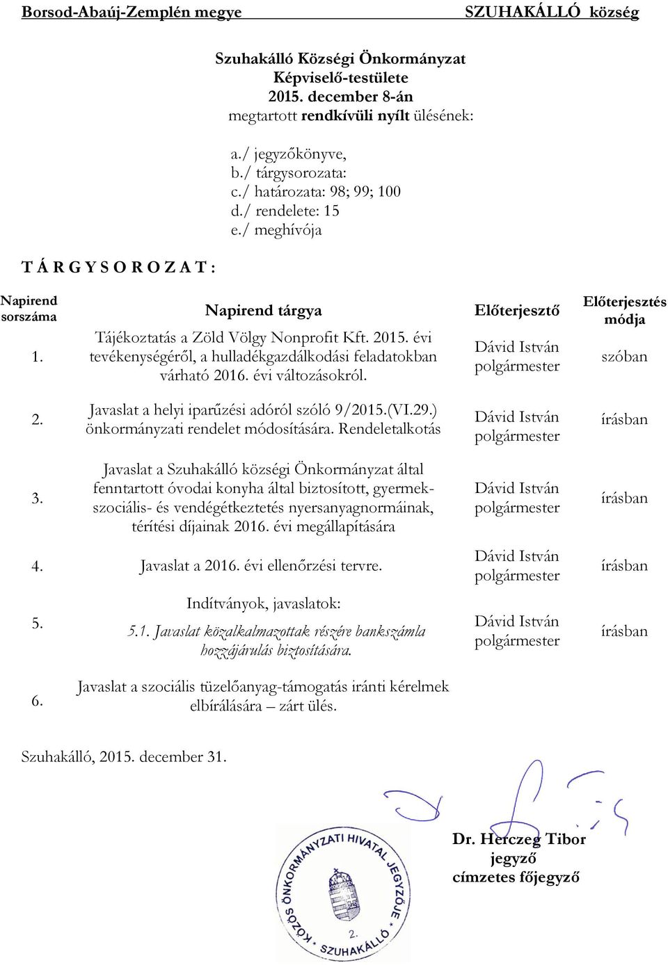 tevékenységéről, a hulladékgazdálkodási feladatokban várható 2016. évi változásokról. Előterjesztés módja szóban 2. Javaslat a helyi iparűzési adóról szóló 9/2015.(VI.29.