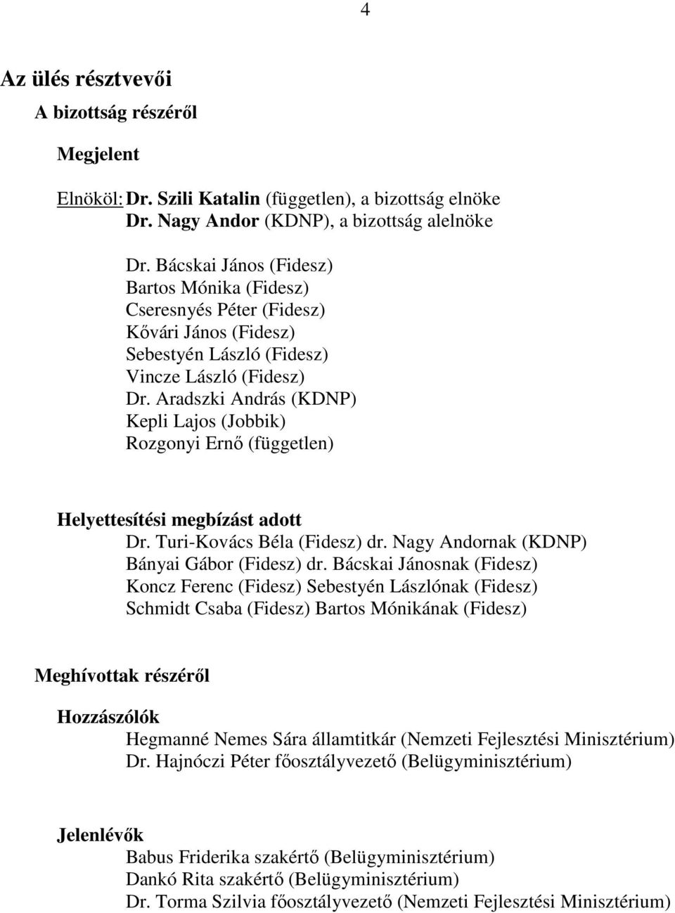 Aradszki András (KDNP) Kepli Lajos (Jobbik) Rozgonyi Ernő (független) Helyettesítési megbízást adott Dr. Turi-Kovács Béla (Fidesz) dr. Nagy Andornak (KDNP) Bányai Gábor (Fidesz) dr.